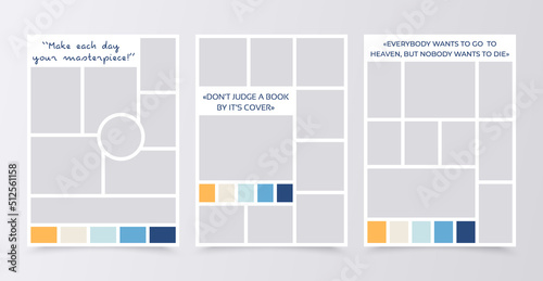 Photo collage template. Moodboard layout. Mosaic pictures album grid. Mood board background. scrapbook images. Set photomontage frames. Poster design with colour palette and quote. Vector illustration