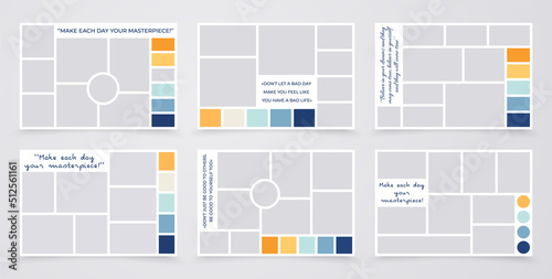 Moodboard grid. Collage templates. Mood board background. Photomontage pictures layout. Set mosaic frames. Horizontal mockup with colour palette and quote. Album scrapbook design. Vector illustration