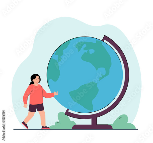Tiny schoolgirl walking to big school globe. Girl studying planet Earth on geography lesson flat vector illustration. Primary education, learning concept for banner, website design or landing web page