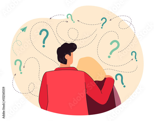 Couple thinking about important problem together. Back view of lost man and woman choosing decision flat vector illustration. Question, solution concept for banner, website design or landing web page