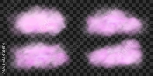 Set of pink smoke, fog or gas clouds. Realistic 3d vector illustratiof n isolated on transparent background.