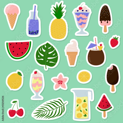 Summer stickers collection. Summer drinks, fruit, berries, ice creams tropical leaves. 