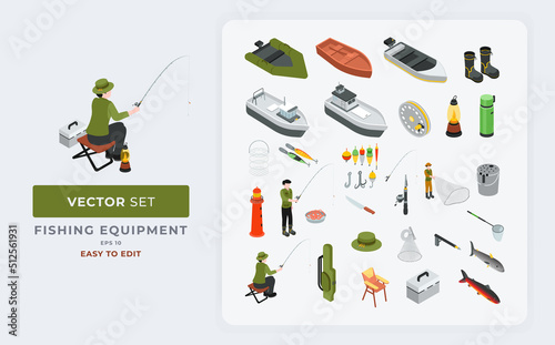 Isometric vector fishing equipment set. Color Editable Eps 10.