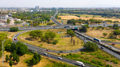Aerial view of the Great Ring Junction in Rome, Italy. It's a long orbital motorway that encircles the city.