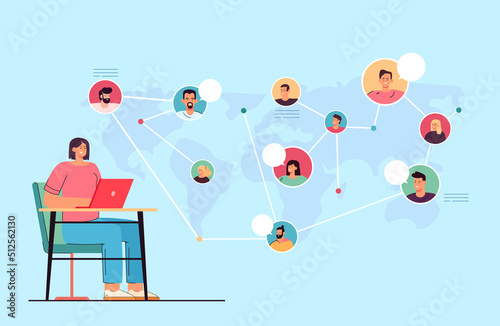 Woman working with community of business people. Tiny person in global network on world map flat vector illustration. Communication, internet concept for banner, website design or landing web page