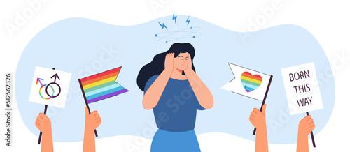 Nervous woman with dizzy symptoms and stress from LGBT parade. Hands holding rainbow flags and signs flat vector illustration. Fatigue, emotion concept for banner, website design or landing web page