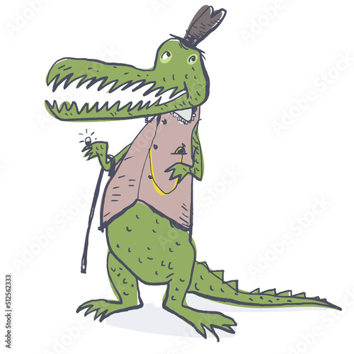 Crocodile gentleman green went for a walk. He is wearing a warm vest. A schematic image, a primitive drawing, a funny picture, a good illustration for a children`s book or the Internet