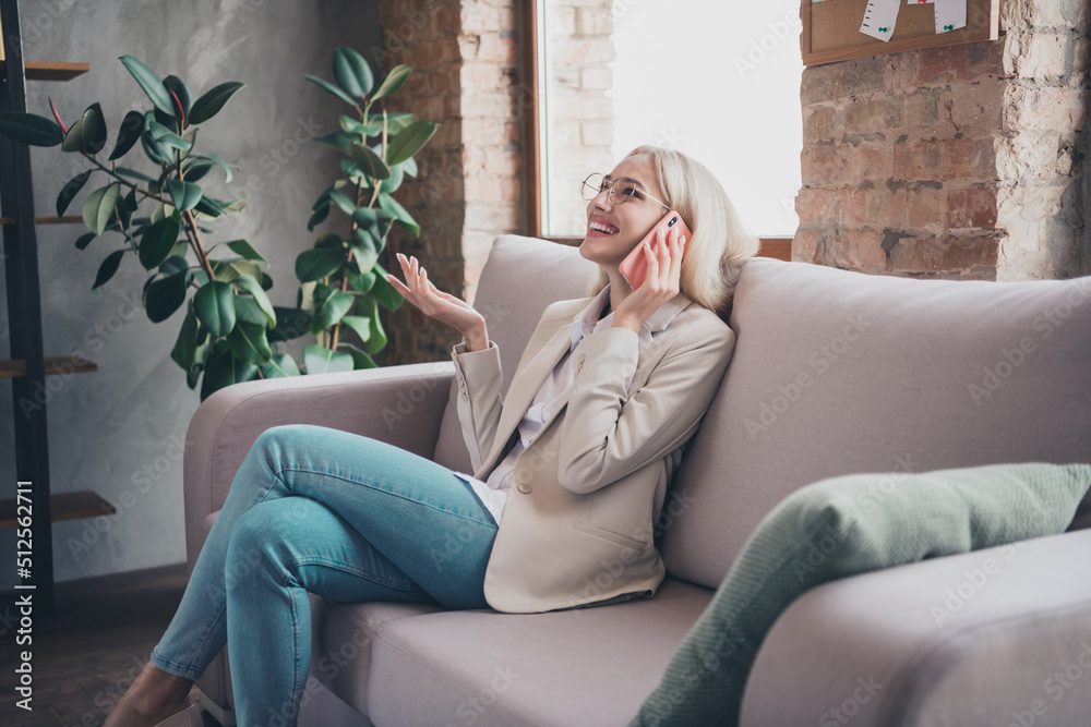 Obraz premium Profile photo of successful elegant lady sitting couch speak communicate telephone modern business center indoors