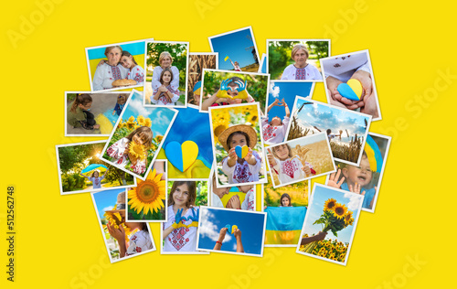 Collage of photos on the theme of Ukraine. Selective focus.