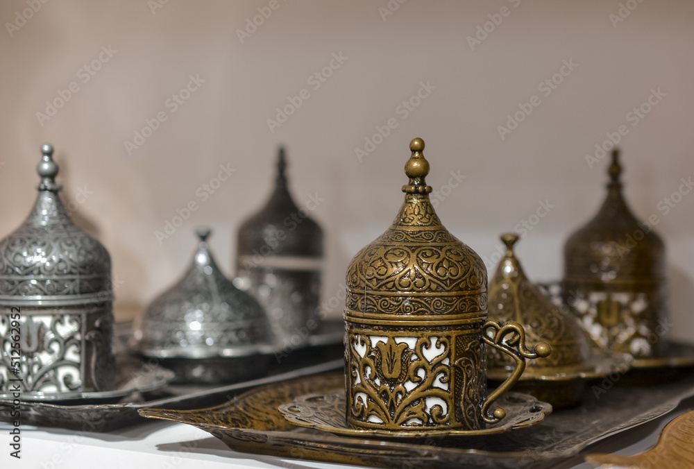 Traditional turkish ornate metal tray in the gift shop Traditional turkish ornate metal tray in the gift shop