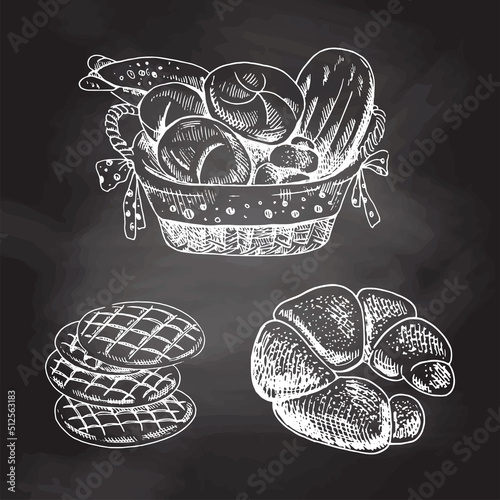 Vintage hand drawn sketch style bakery set. Bread in basket, bagel and  cookies. White sketch isolated on black chalkboard. Icons and elements for print, labels, packaging.