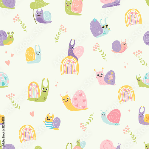 Seamless pattern with cute snails. Decorative insects happy clams with hearts, rainbow and cocktail on white background. Vector illustration. For kids collection design, decor, wallpaper, textile