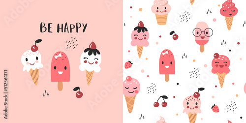Cute kids pattern with ice creams, seamless background, and baby print. Vector texture for kids bedding, fabric, wallpaper, wrapping paper, textile, t-shirt