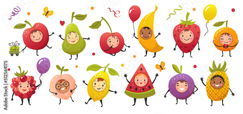 Cute cartoon fruit, funny kids in carnival costume ready for birthday party. Hand drawn vector illustration.