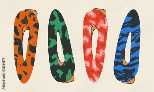 Set of various multicolored hairpins. Hair accessories, beauty design. Women's salon concept. Flat design, hand drawn, cartoon.