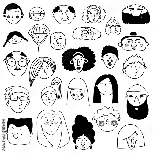 Collection of cute and diverse hand drawn faces in black and white. Doodle-style people icons for design, stickers, prints