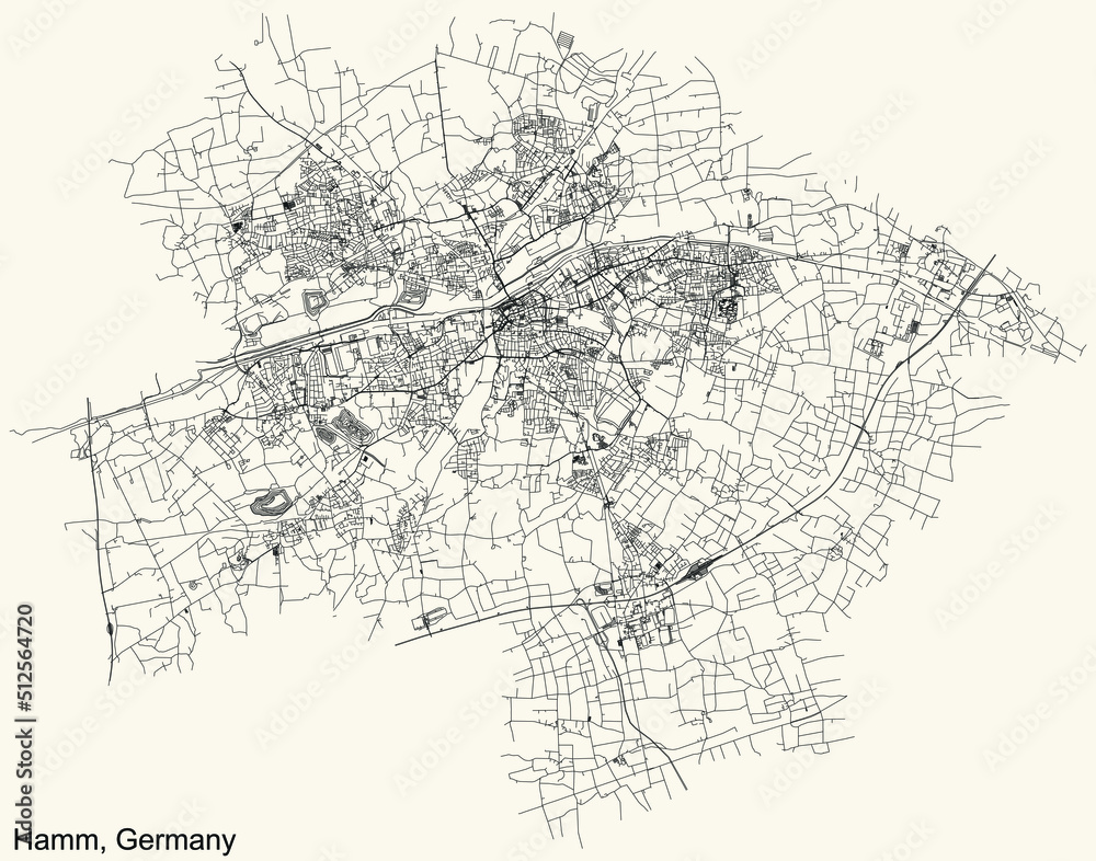 Detailed navigation black lines urban street roads map of the German regional capital city of HAMM, GERMANY on vintage beige background