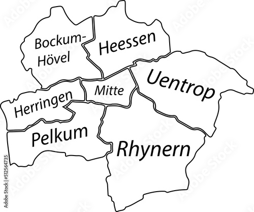 White flat vector administrative map of HAMM, GERMANY with name tags and black border lines of its districts