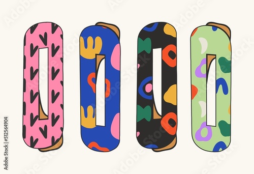 Set of various multicolored hairpins with patterns. Hair accessories, beauty design. Women's salon concept. Flat design, hand drawn, cartoon.