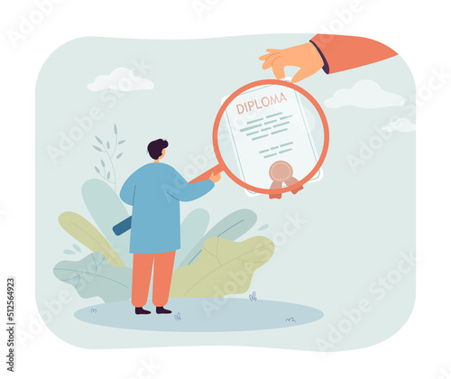 Employer looking through magnifying glass at diploma of graduate. Tiny man in search of employee flat vector illustration. HR, education concept for banner, website design or landing web page