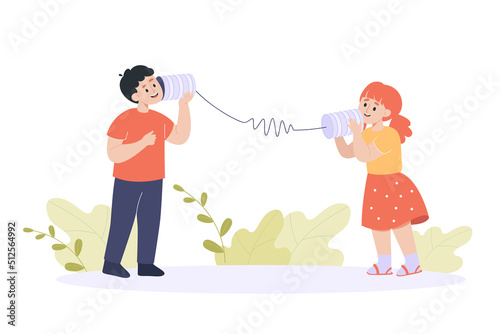 Happy boy and girl talking through tin can phone. Kids holding aluminium toys on rope flat vector illustration. Communication, friendship concept for banner, website design or landing web page