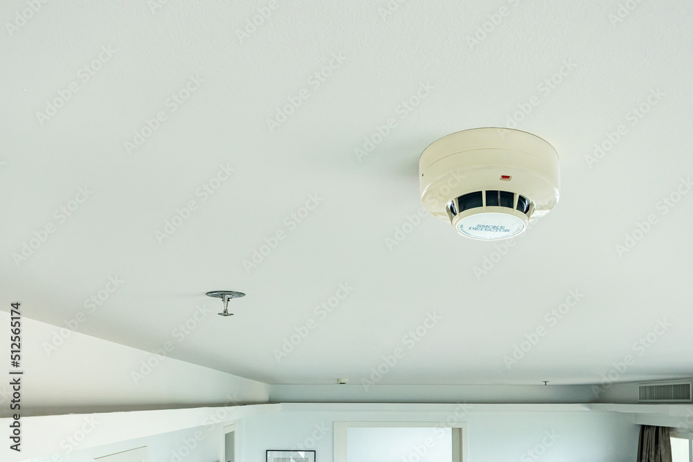 smoke detector and fire sprinkler on ceiling, fire alarming system and security system at home property for safety domestic life - obrazy, fototapety, plakaty 