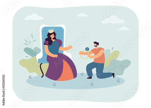 Man on knee giving precious ring to queen, proposing marriage. Woman in crown sitting on throne flat vector illustration. Engagement, gift concept for banner, website design or landing web page