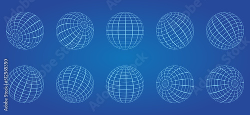 White Globe Grid Sphere Set on Blue Background. 3D Wire Global Earth Latitude, Longitude. Wired Line 3D Planet Globe. Geometric Round Grid Mesh Ball. Wireframe Globe Surface. Isolated Vector