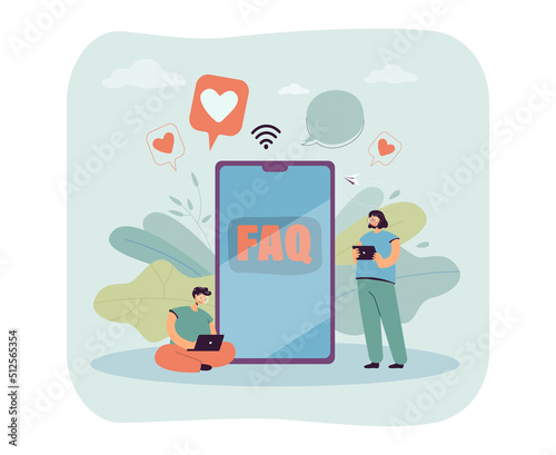 Tiny customers searching information in FAQ mobile app. Advices, answers on questions for people flat vector illustration. Support service concept for banner, website design or landing web page