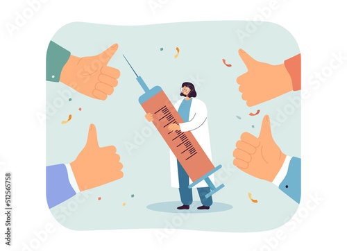 Doctor with syringe surrounded by thumbs up. People approving coronavirus or influenza vaccination flat vector illustration. Epidemic, protection concept for banner, website design or landing web page