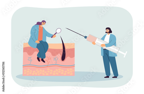 Tiny trichologists examining hair growth. Women holding magnifying glass and syringe for hair loss treatment flat vector illustration. Trichology concept for banner, website design or landing web page