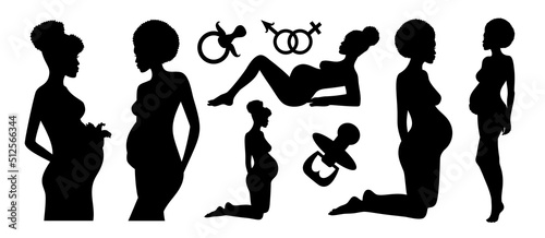 Silhouettes set of an African pregnant women. Vector illustration of female pregnancy. Abstract modern art. 
