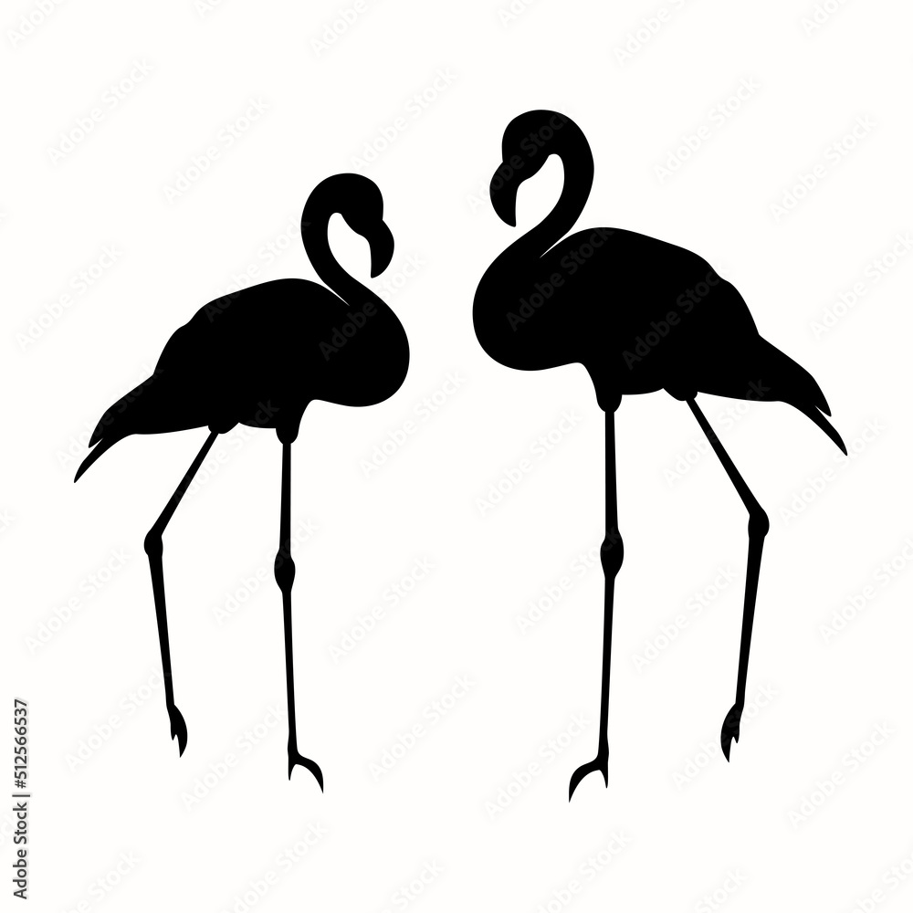 Naklejka premium Pair flamingos black silhouette isolated on white background. Two birds stand shadow. Tropical exotic birds flora representatives vector illustration