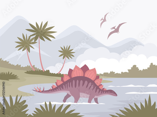 Big stegosaurus with a spiked tail. Bathes in water. Ancient lizard. Herbivorous dinosaur of the Jurassic period. Vector cartoon illustration. Prehistoric nature. Wild landscape with a lake