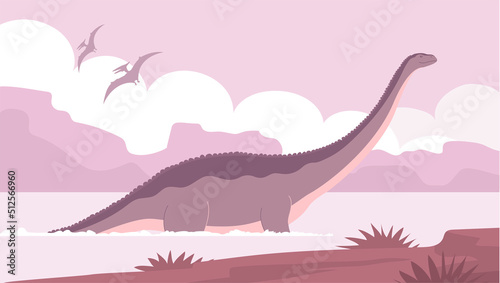 Big brontosaurus with a long neck. Bathes in water. Ancient lizard apatosaurus. Herbivorous dinosaur of the Jurassic period. Vector cartoon illustration. Prehistoric nature. Wild landscape with a lake