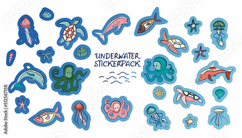 Big sticker pack with sea creatures living underwater