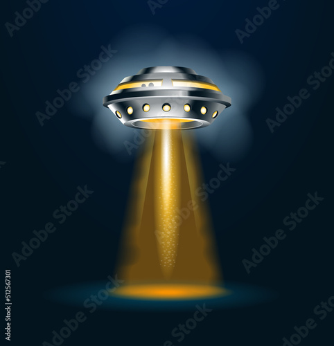 Alien spaceship with  light beam, smoke and glows. 3d vector ufo 