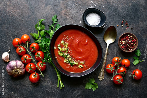 Gazpacho - cold spanish tomato soup with cucumber. Top view with copy space.