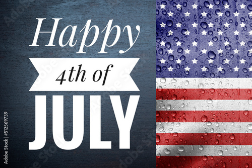 Happy 4th July banner on black background with USA flag, independence day concept background