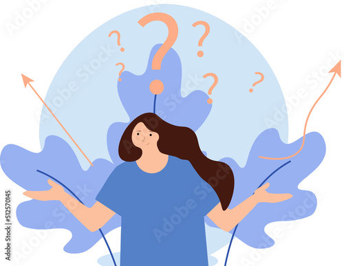 Uncertainty, confusion and decision making, choosing options or choices, answer for question or solution, problem solving, frustrated businessman thinking and make decision with many question marks