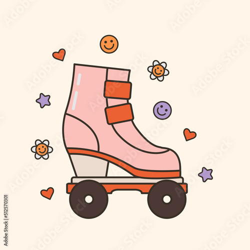 Vector illustration of cute 80s, 90s roller skate. Cartoon shoe on wheels with hearts and smiling faces. Vintage sport activity element. Trendy oldschool icon