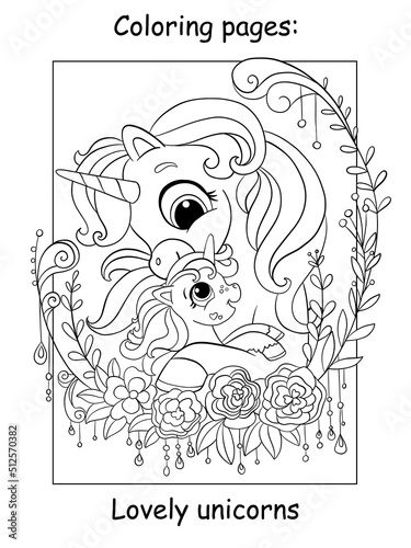 Cute mom unicorn and baby coloring book page