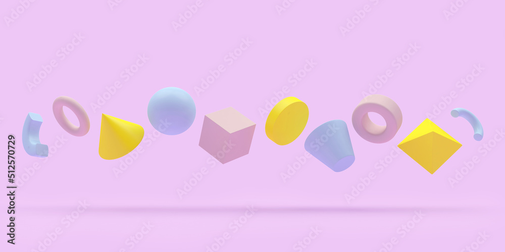 Row of colorful geometric shapes on pink. 3D illustration.