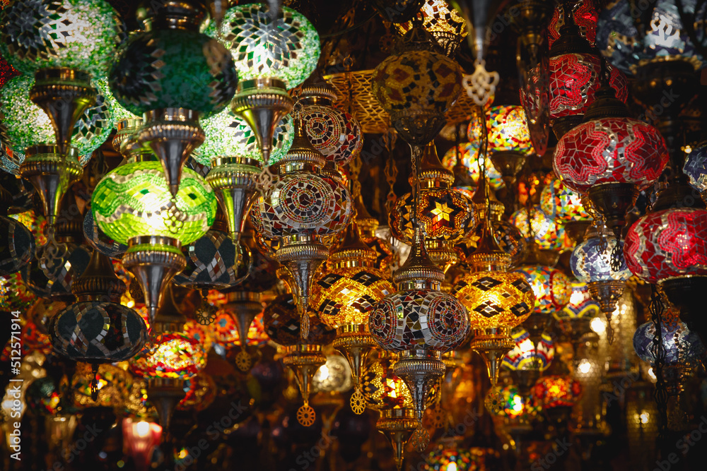 A lot of different oriental light lamps, Turkish background.