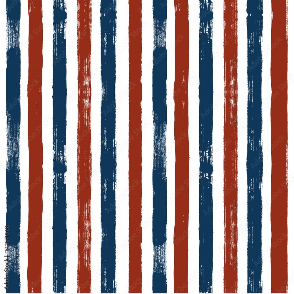 Stripes seamless pattern, red and blue patriotic striped vector background, american watercolor brush strokes. USA colors grunge stripes