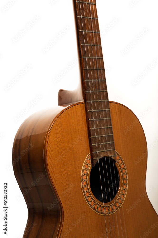 Classical guitar body on a pure white background with copy space