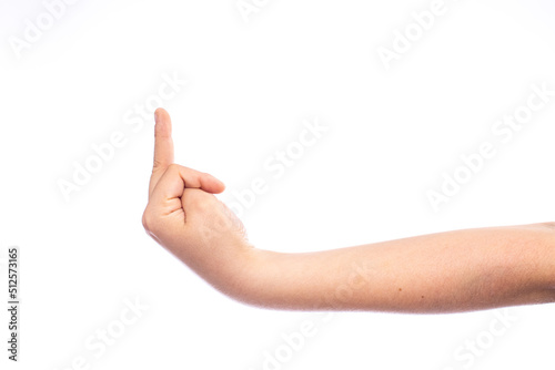Middle finger up, child hand isolated on white