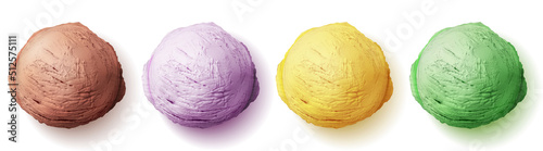 Ice cream ball realistic vector illustration. Color sphere scoop sundae or sorbet 3D isolated icons on white background, cold summer milk dessert with various taste