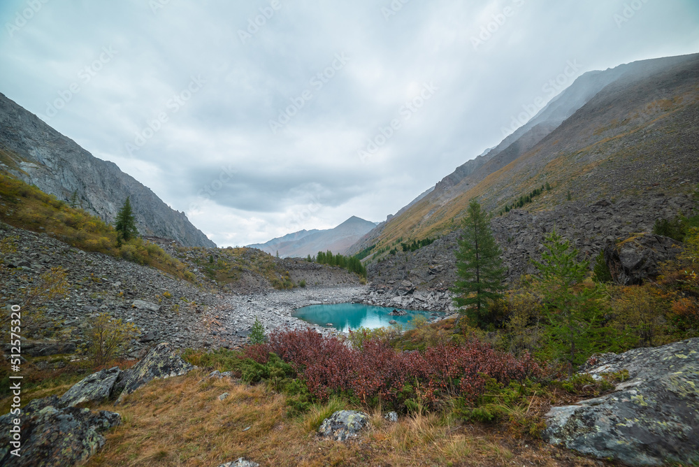 Atmospheric landscape in fading autumn colors with turquoise alpine lake among lush autumn vegetation under dramatic cloudy sky. Glacial lake against sunlit pyramid shaped mountain in overcast weather