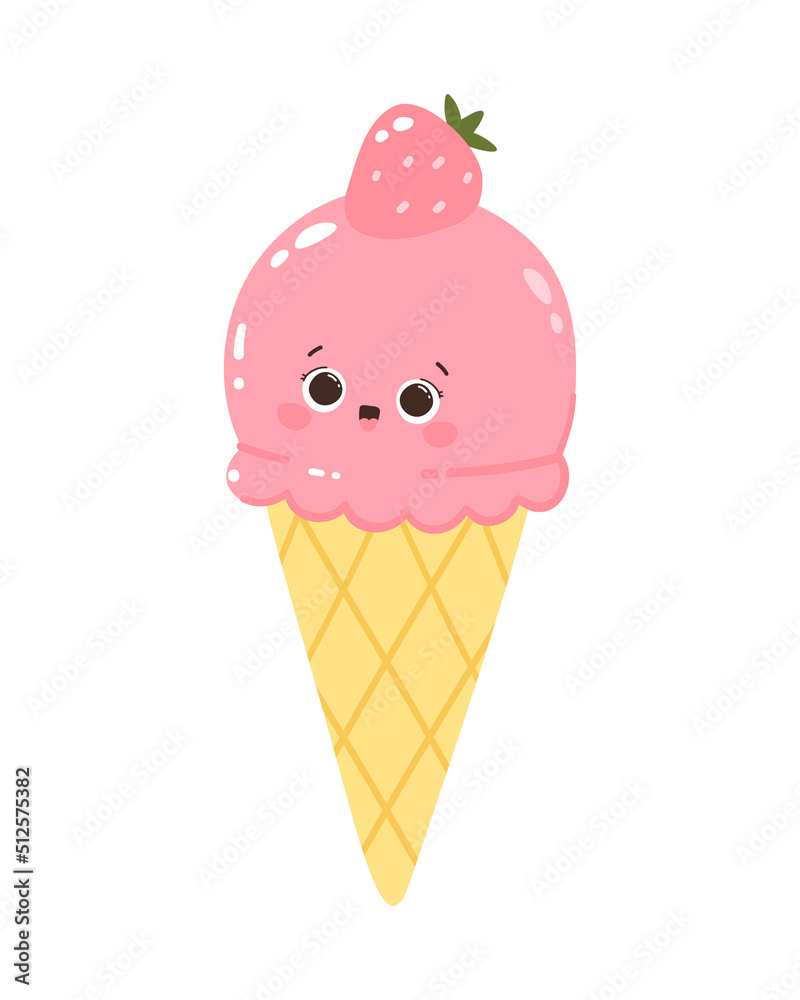 Cute vector character popsicles with strawberries in a cone. Cold dessert ice cream. Summer sweetness. Isolated on white background Cute vector character popsicles with strawberries in a cone. Cold dessert ice cream. Summer sweetness. Isolated on white background